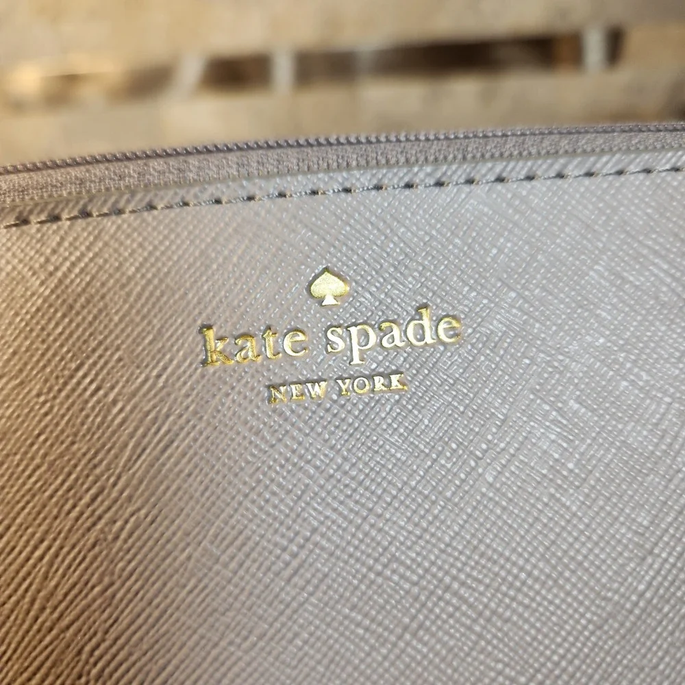 Kate Spade New York Taupe Saffiano Leather Glitter Large Cosmetic Pouch WLRU5216